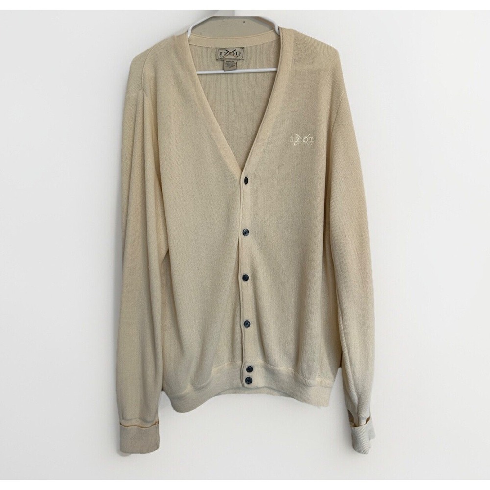 Vintage Izod Cardigan M Button Cream Logo Golf Grandpa Oversized Dad‎ Preppy